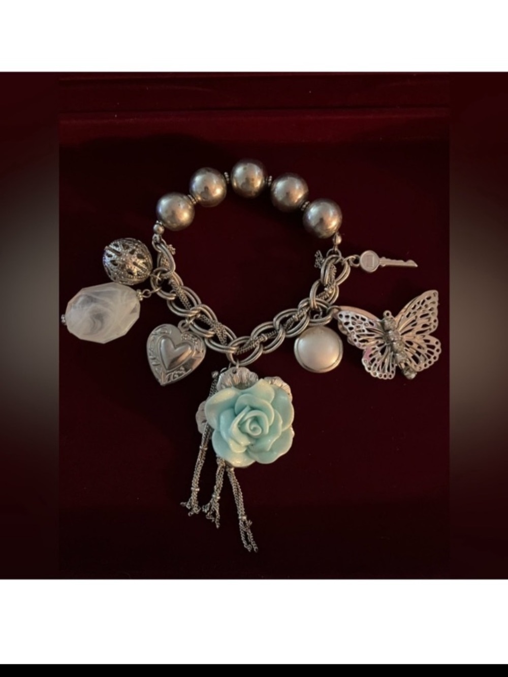 New Pandora Silver Charm Bracelet with Mint Green Rose and Filigree Butterfly